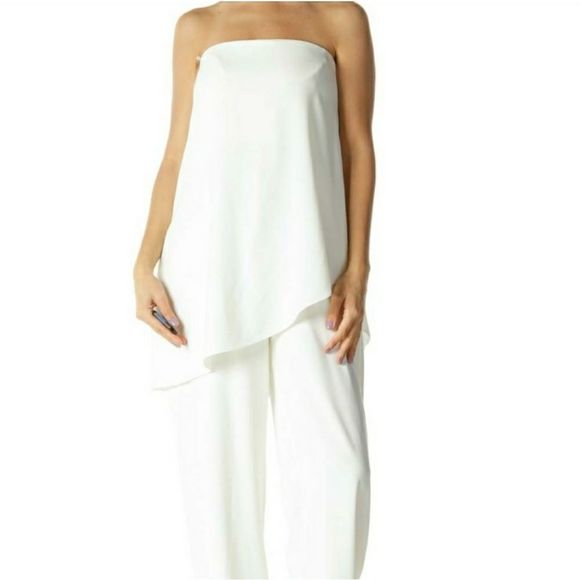 White Flowy Halston Heritage Strapless Jumpsuit - 2 - Picture 2 of 14
